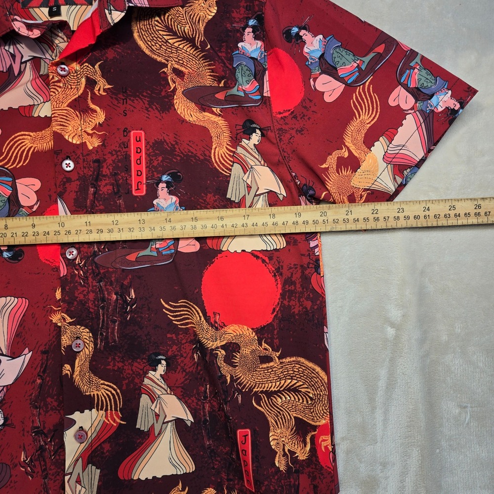 Fresh Prints Button Down Shirt Mens Small Red Excellent Japanese Dragon Geisha - Picture 4 of 6